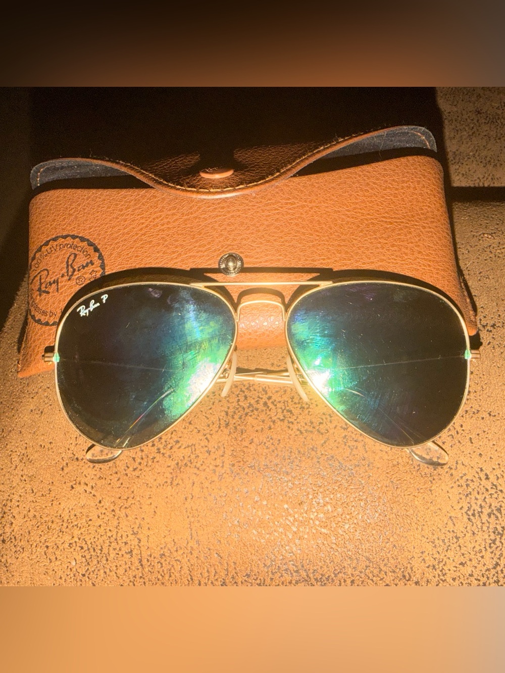 Ray-Ban Men’s Gold Aviator Sunglasses with Green-Blue Mirrored Lenses